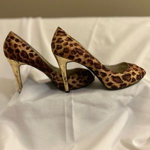 Leopard peep toe heels with gold heel. Comfortable for a high heel size 10